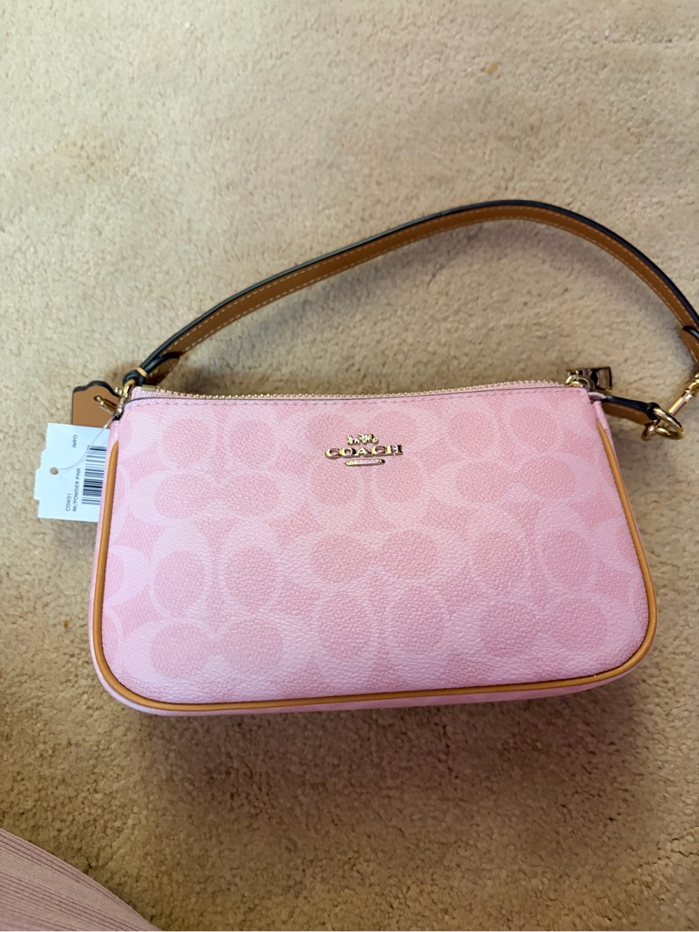 Coach Pink Signature Mini Wristlet with Tan Trim